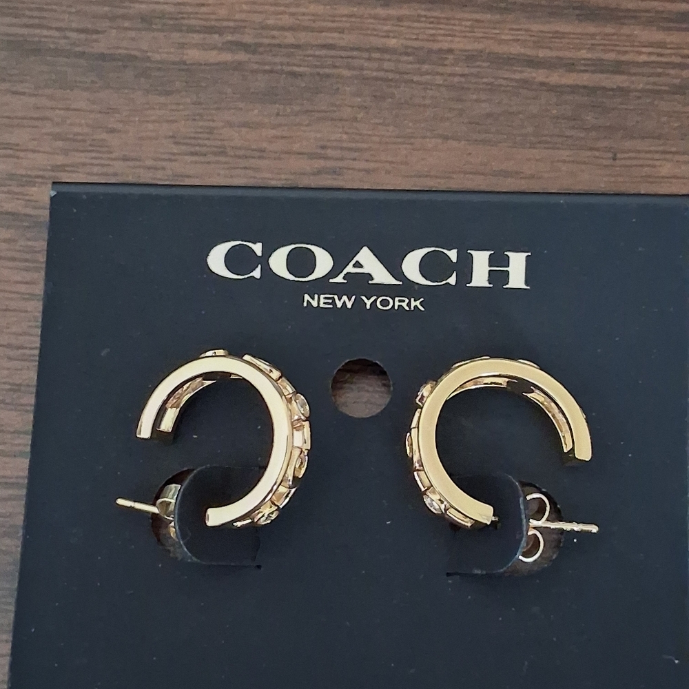 Coach Gold Embellished Signature "C" Logo Hoop Earrings With Crystal Accents NWT - Picture 5 of 10